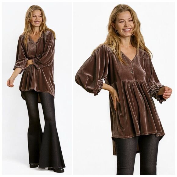 Umgee Velvet Long Sleeve Smocked Detail Tunic Top - Size L | Large - Picture 1 of 10